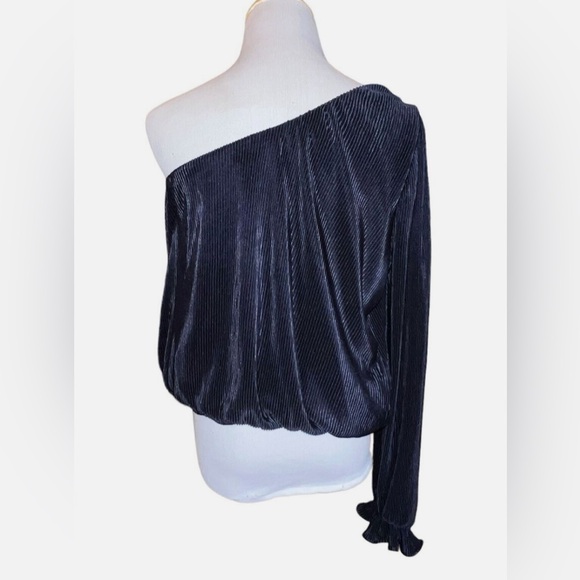 Lush Ribbed Satin One Shoulder Top Navy Blue Size XL Long Sleeve Cropped… - Picture 3 of 8